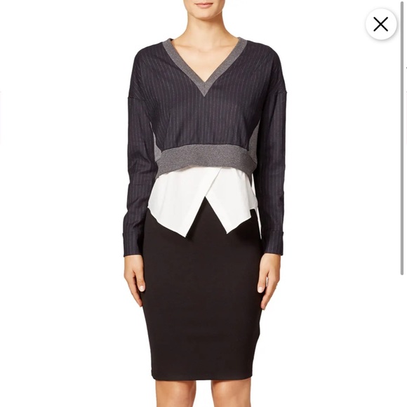 Derek Lam 10 Crosby Navy Blue Grey V-Neck Long Sleeve Sweater White Underlayer - Picture 4 of 13